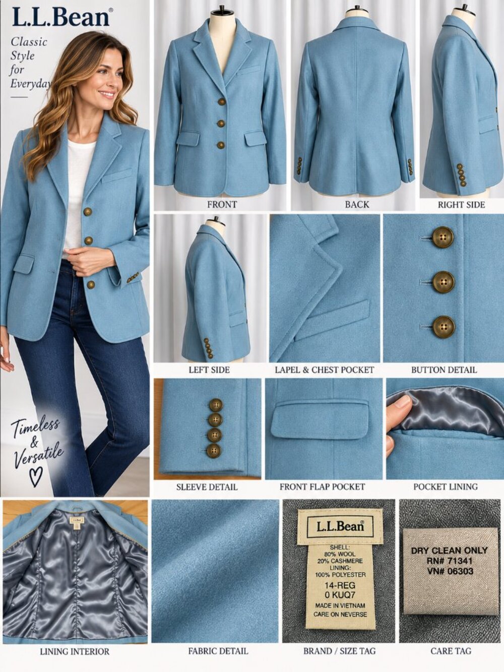 L.L.Bean Wool Cashmere Blazer Blue Size 14 Regular Classic Jacket
